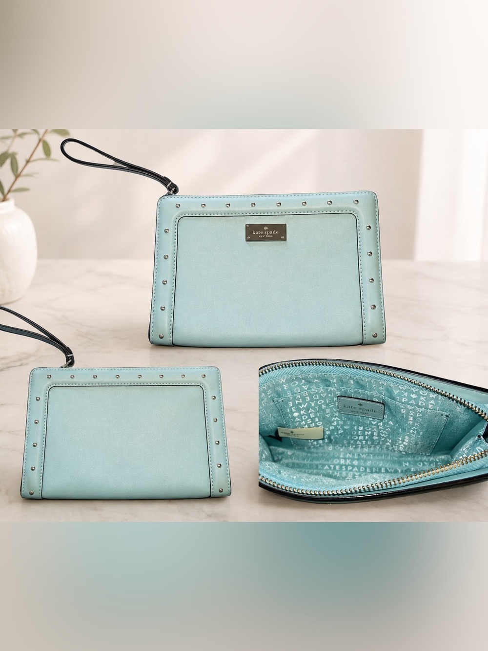 Kate Spade ♠️ Teal Astrid Blue Green Leather Clutch Purse Handbag - Picture 2 of 2